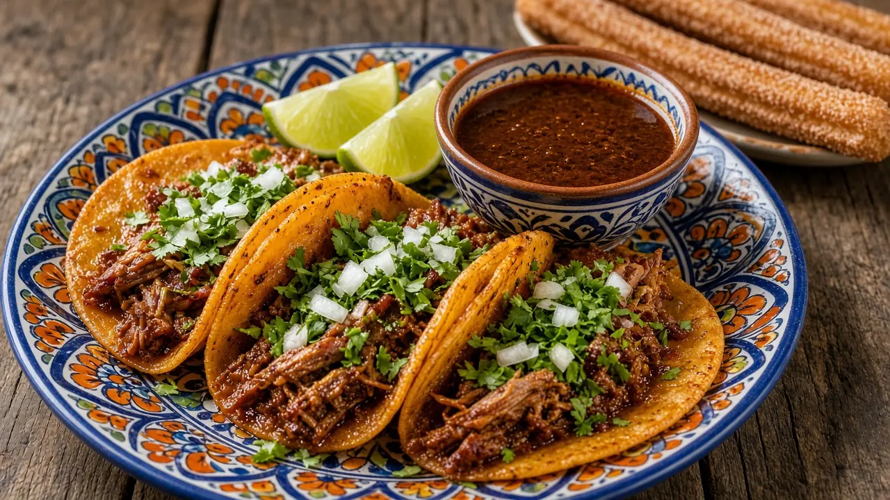 Three birria tacos with onion, cilantro and lime next to a cup of consomé and churros on a painted plate